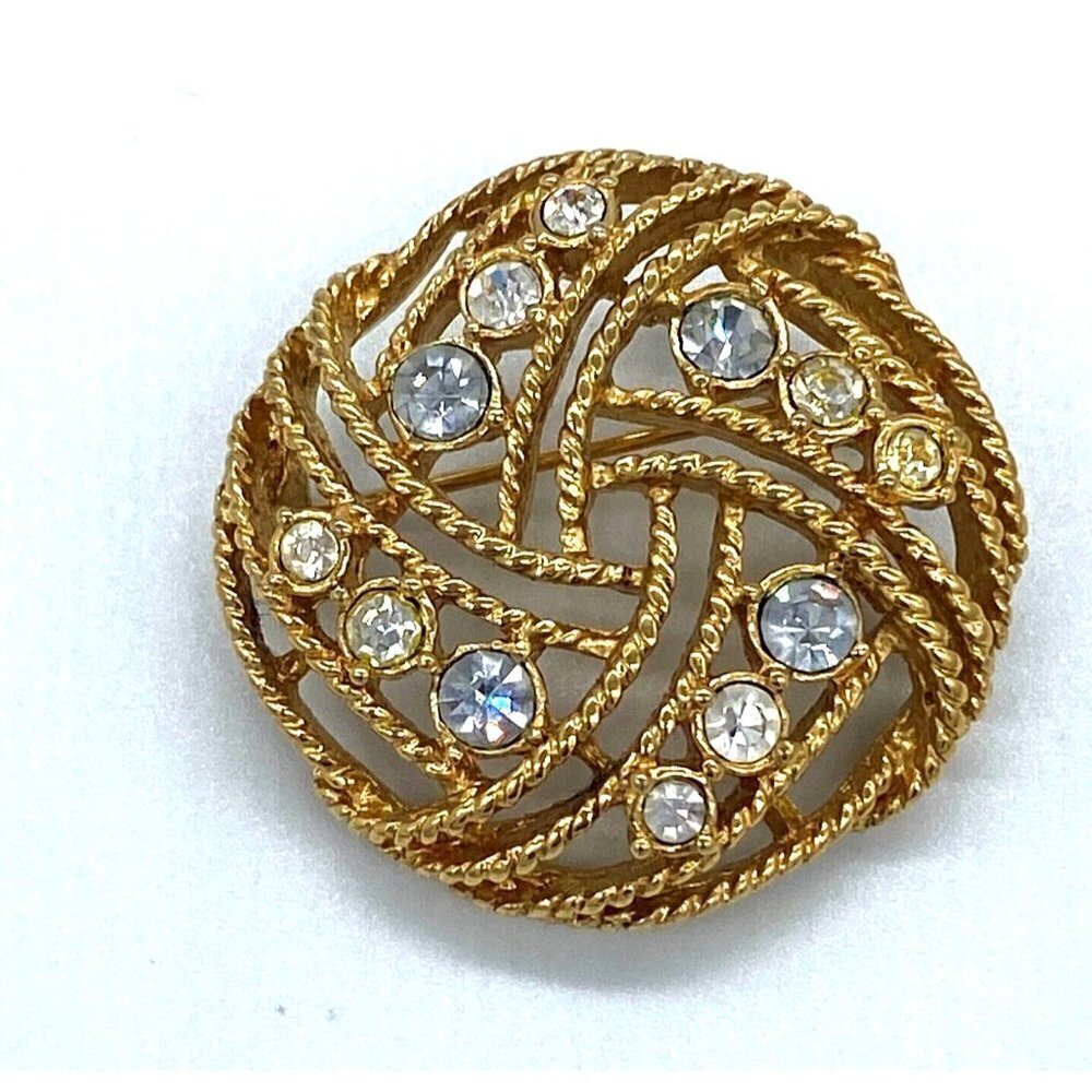 Gold Tone Crystal Aurora Borealis Open Rope Brooch Pin Vintage